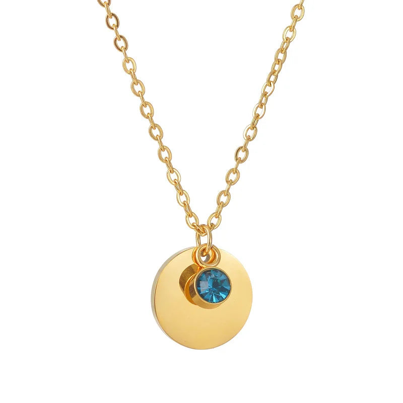 Stainless Steel Personalized Engraved Round Birthday Stone Pendant Necklace with Preserved Rose in Rotating Flower Gift Box