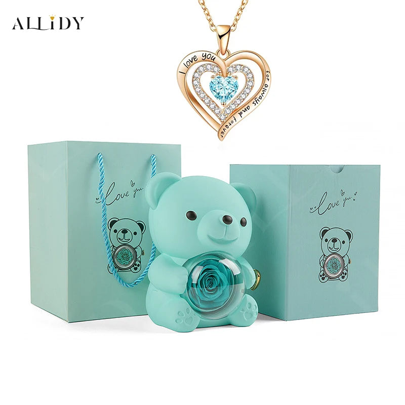 Luxury Red Zircon Pendant Necklaces With Rose Bear Gift Box For Mom Women I Love You Gifts Happy Mothers Day Gift