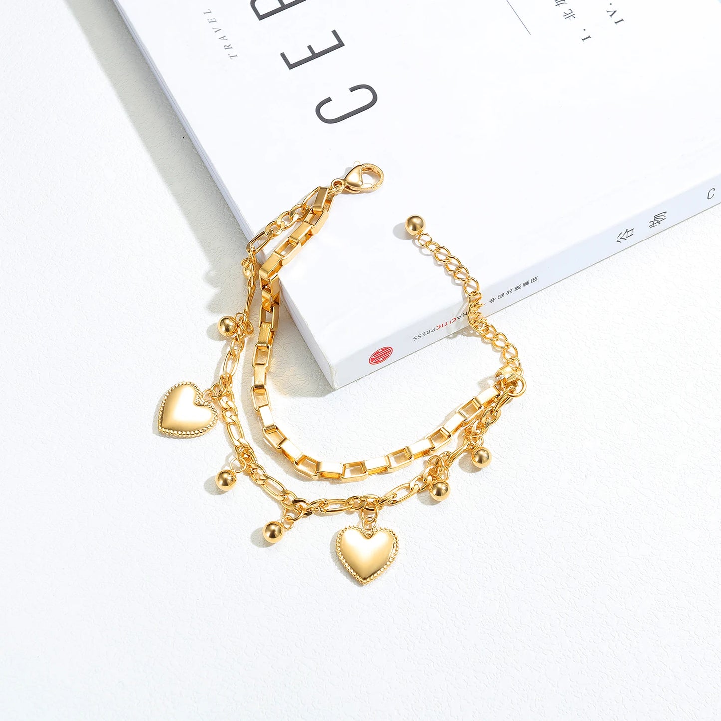 Trendy Layered Stainless Steel Bracelet for Women – Beaded Heart Titanium Steel Jewelry