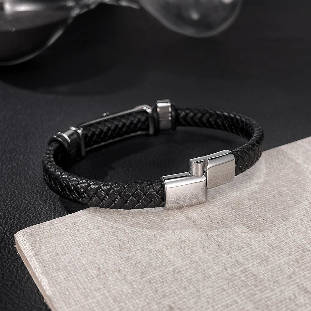 Men’s Hip Hop Leopard Head Leather Bracelet – Creative Braided Wristband with Stainless & Titanium Steel, Urban Street Style