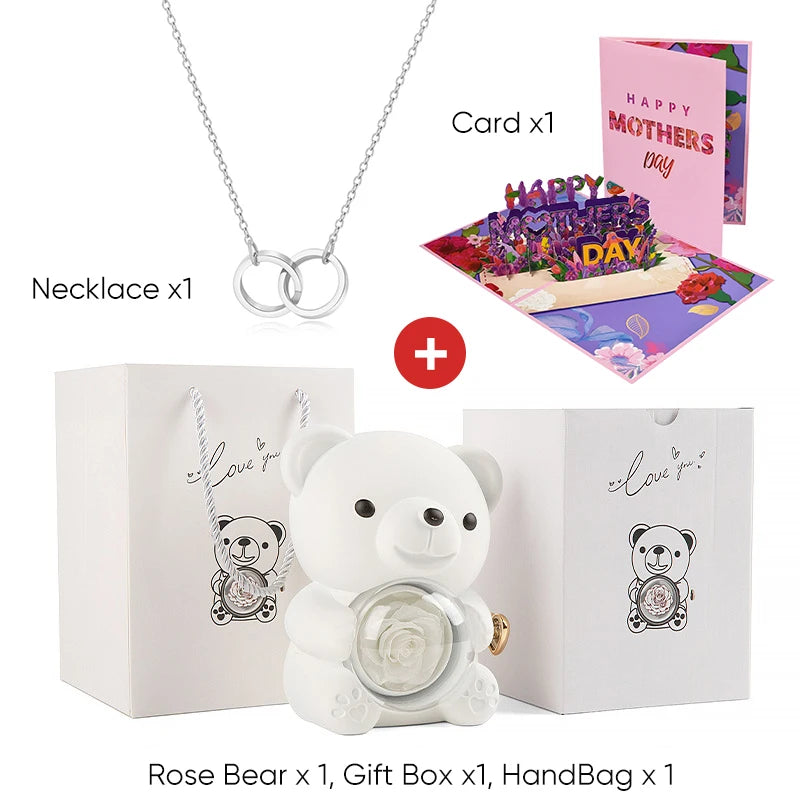 Mother's Day Gift Set Personalized Custom Necklace & Eternal Rose Teddy Bear and Beautiful Card Unique Jewelry Gift for Mom