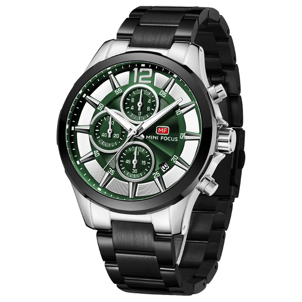 MINIFOCUS Men’s Luxury Automatic Mechanical Watch Six‑Hand Chronograph Date Luminous Waterproof Stainless Steel Band Business