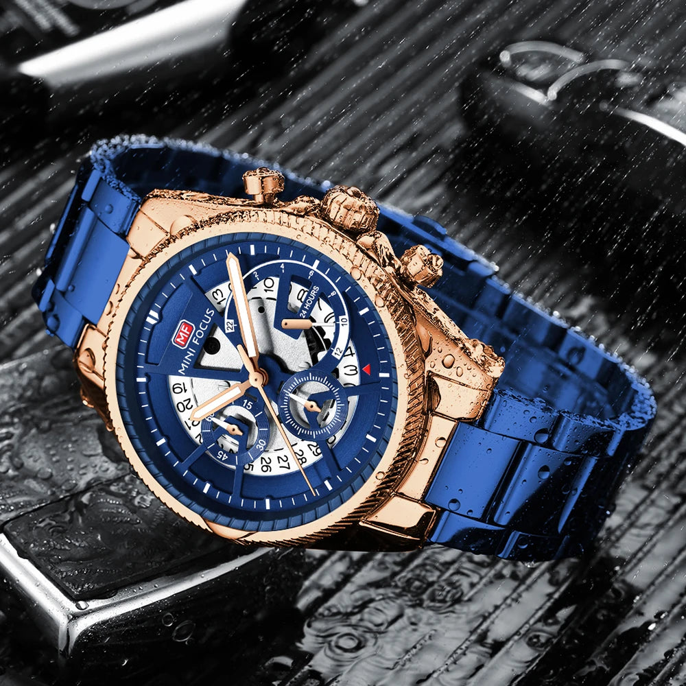 MINIFOCUS Men’s Skeleton-Style Quartz Watch Multifunction Waterproof Stainless Steel Business Sport Wristwatch Father’s Day Gift