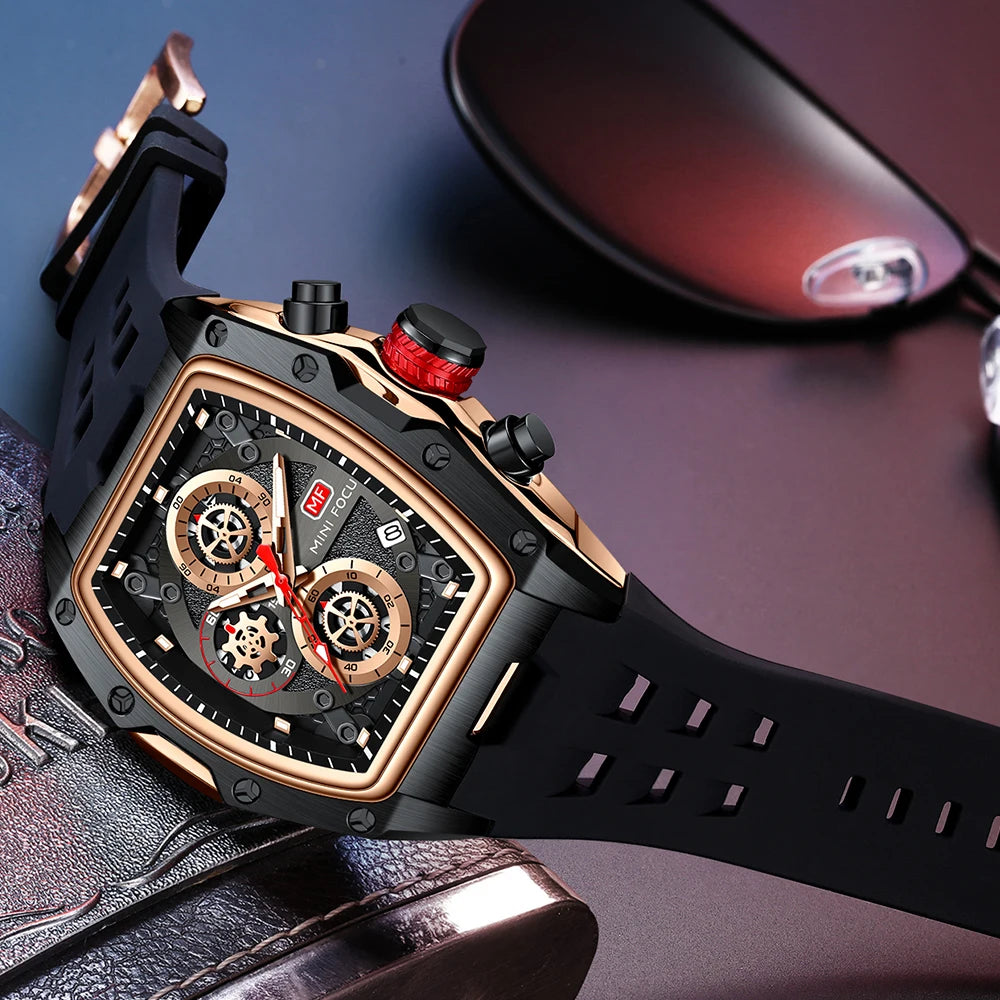 MINIFOCUS Luxury Mens Racing Sports Watch Barrel Skeleton Dial Waterproof Luminous Wristwatch Outdoor Business Watch for Man