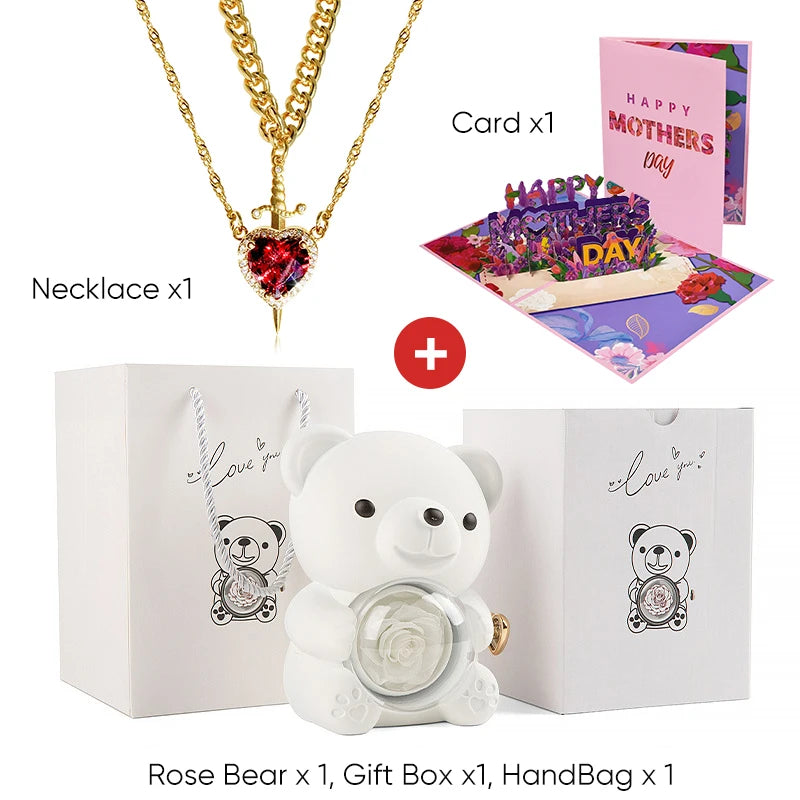 Mother's Day 3D Card Red Zircon Heart and Sword Necklace Double Necklace Real Rose Hug Bear Mothers Day Jewelry Gift Set for Mom
