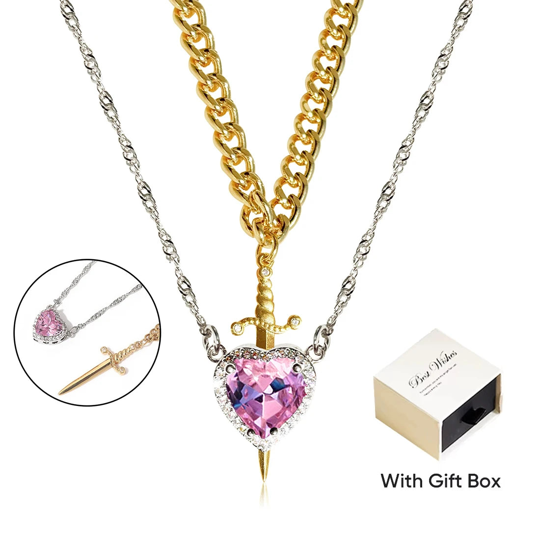 Heart and Sword Zircon Crystal Necklace 2pcs Women New Fashion Double Chain Pendant Female Mother's Day Gifts for Mom/Women