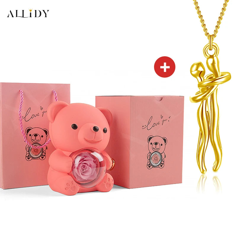 Hip Hop Embrace Couple Pendant Necklace Adjustable Hugging Pendant Necklace and Eternal Rose Bear Jewelry Box Valentine Day Gift