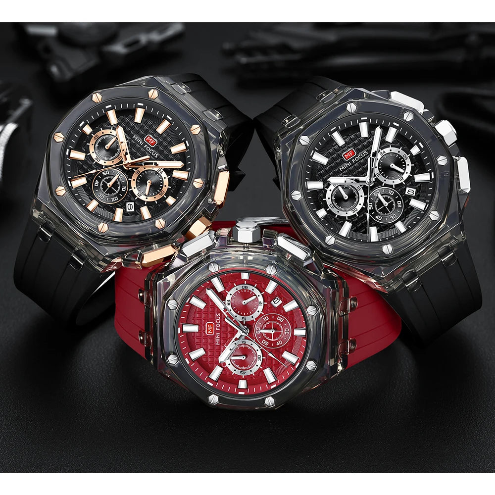 MINIFOCUS Trendy Mens Watch Ultra Lightweight Octagonal Transparent Case Multifunction Quartz Luminous Fashion Sport Watch