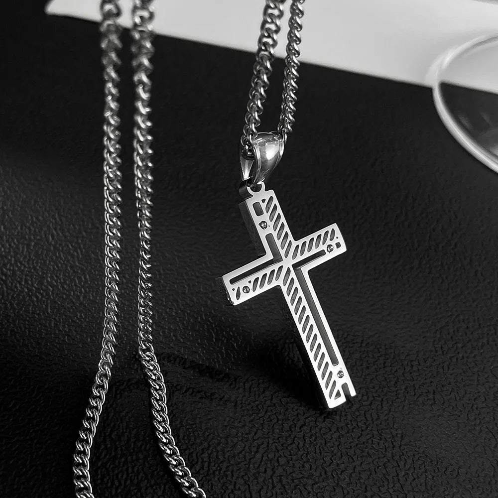 Men’s Hollow Cross Pendant Necklace – Modern Stainless Steel Religious-Inspired Jewelry