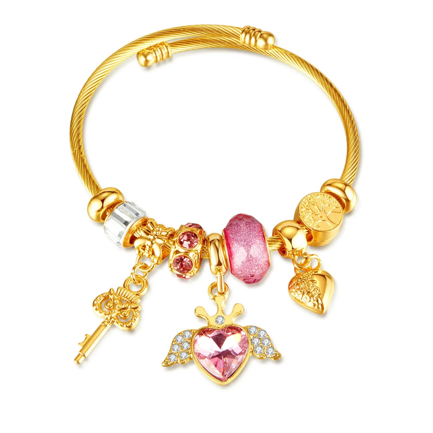 Adjustable Stainless Steel Bracelet for Women – Angel Wing and Heart Key Charm
