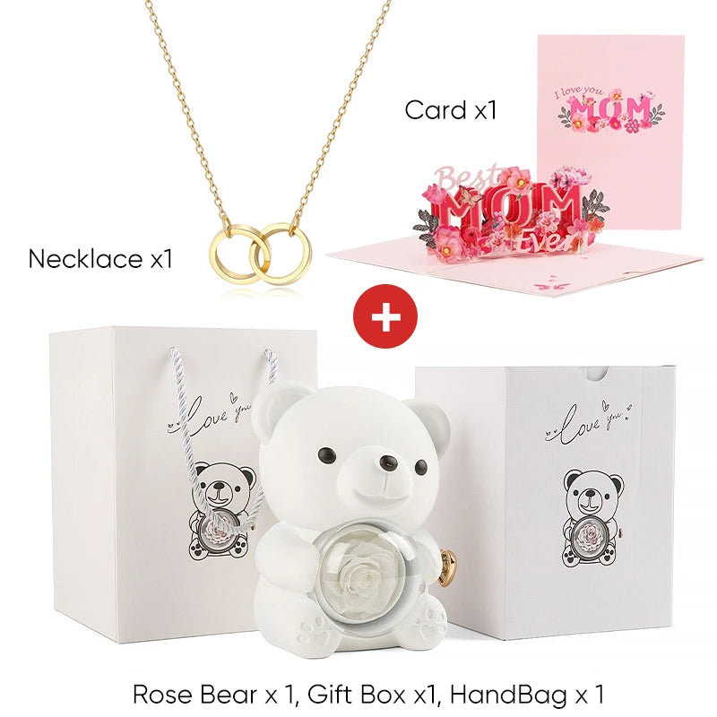 Mother's Day Gift Set Personalized Custom Necklace & Eternal Rose Teddy Bear and Beautiful Card Unique Jewelry Gift for Mom