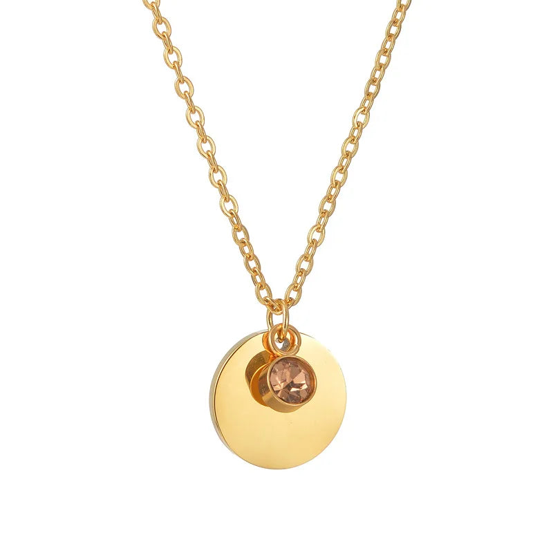 Stainless Steel Personalized Engraved Round Birthday Stone Pendant Necklace with Preserved Rose in Rotating Flower Gift Box