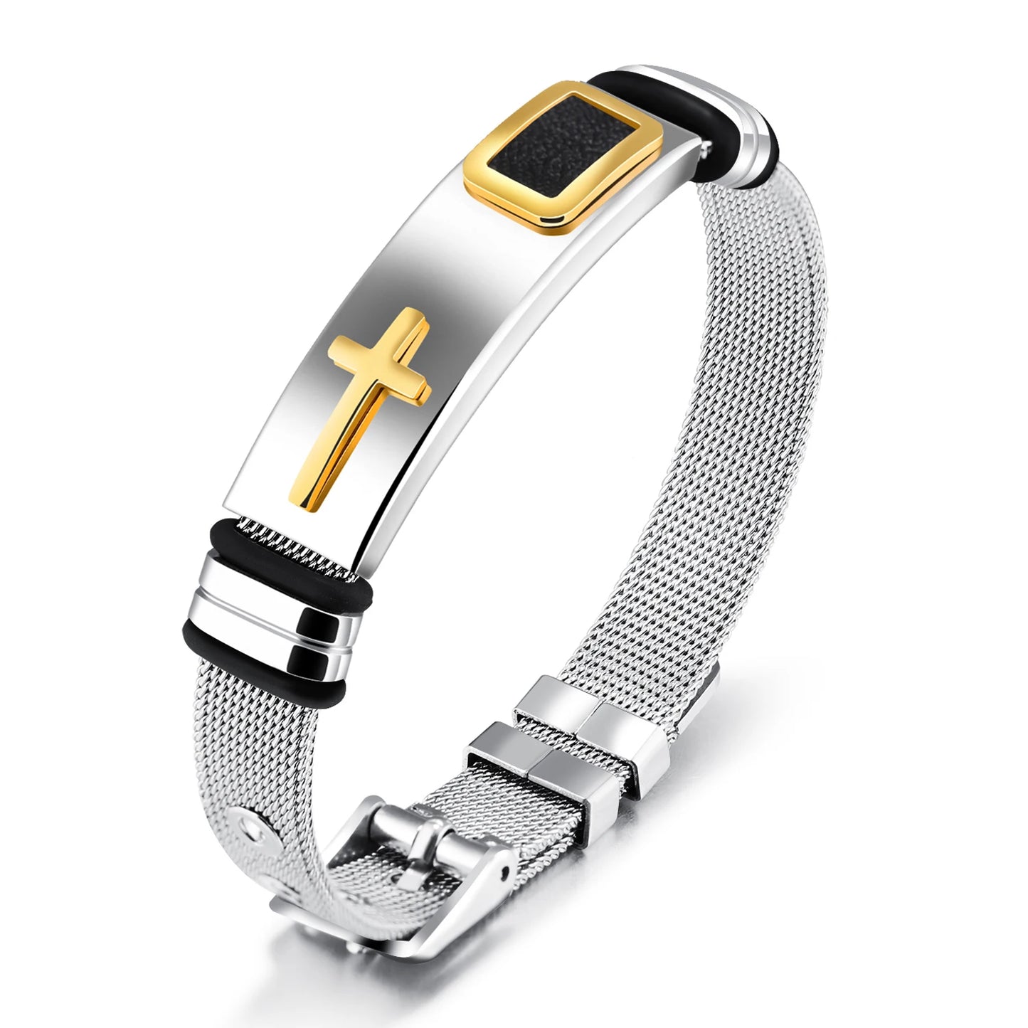 Menโs Vintage Punk Cross Bracelet โ Titanium Steel Mesh Band Wristband, Gothic Fashion Jewelry