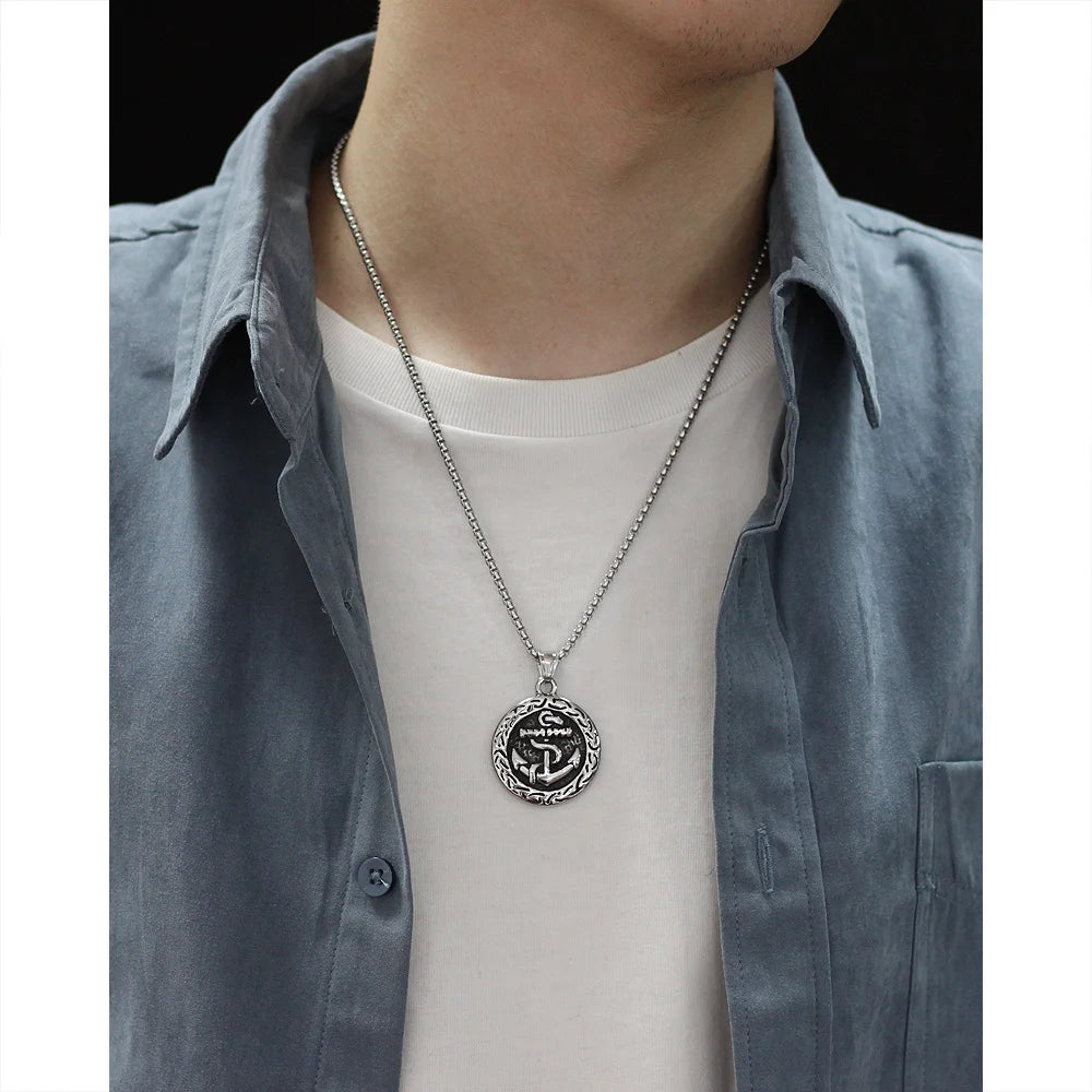 Men’s Anchor Pendant Necklace – Korean Hip Hop Style Stainless Steel Round Tag Jewelry