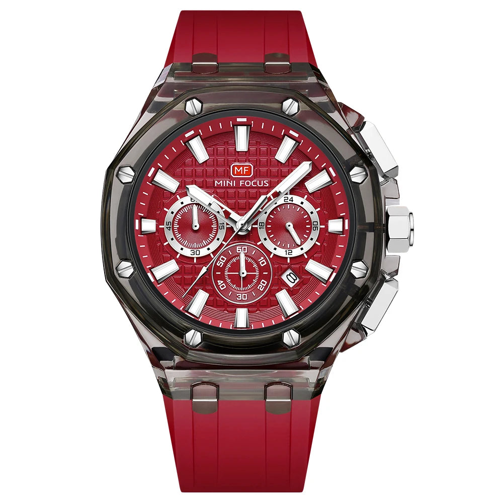 MINIFOCUS Trendy Mens Watch Ultra Lightweight Octagonal Transparent Case Multifunction Quartz Luminous Fashion Sport Watch