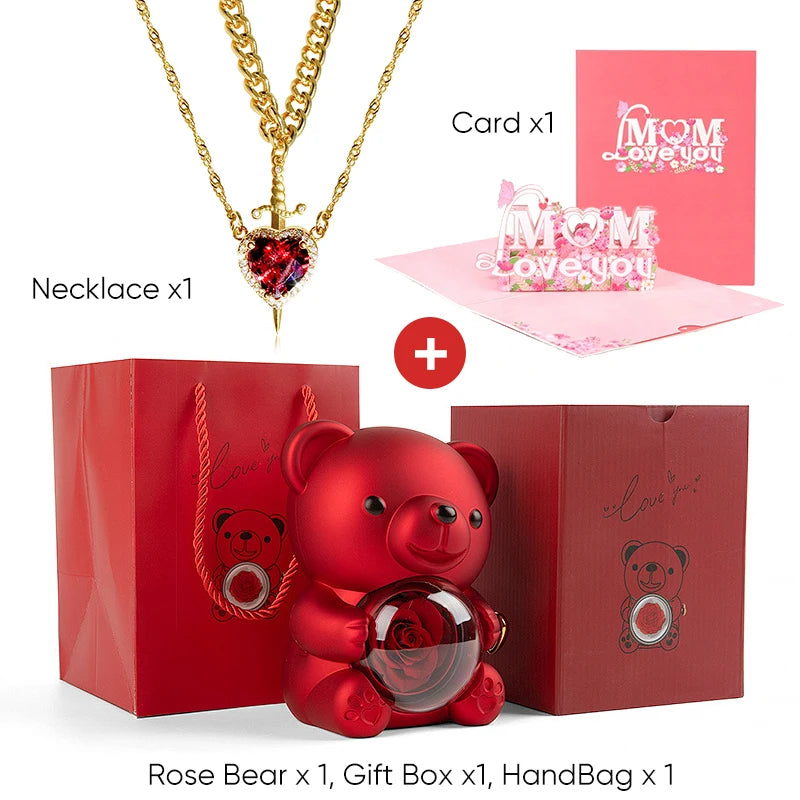 Mother's Day 3D Card Red Zircon Heart and Sword Necklace Double Necklace Real Rose Hug Bear Mothers Day Jewelry Gift Set for Mom