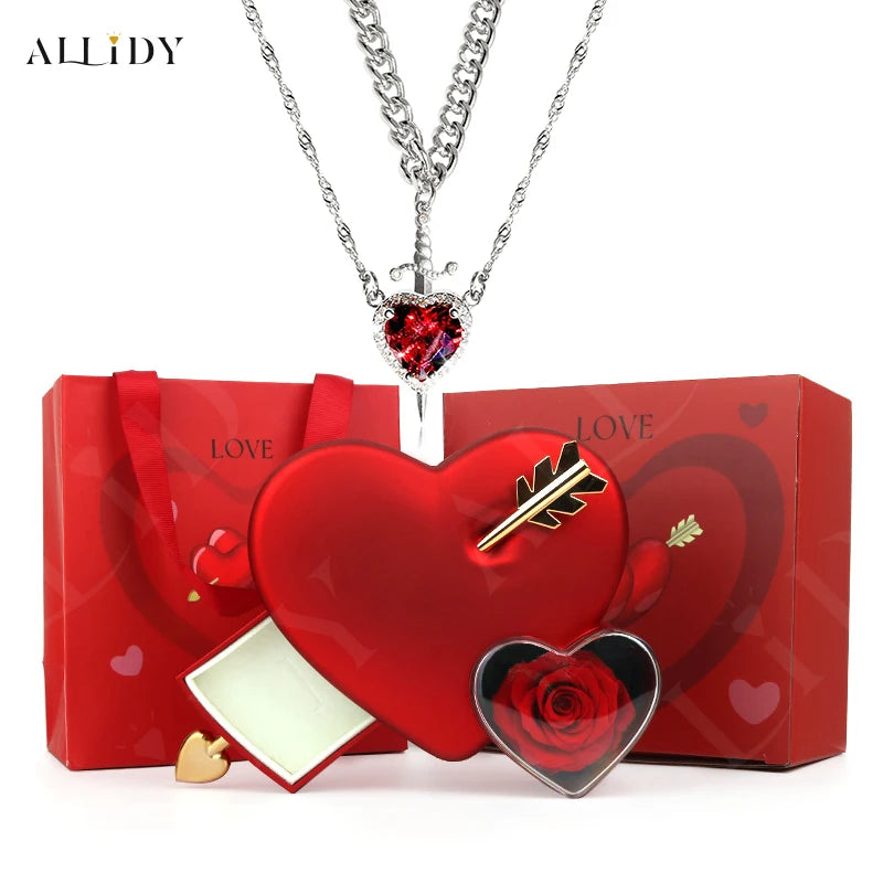 Gothic Romance Valentine's Day Necklace Red Crystal Love Dagger Necklace Couple Chain Pendant Punk Choker Rose Jewelry Gifts Box