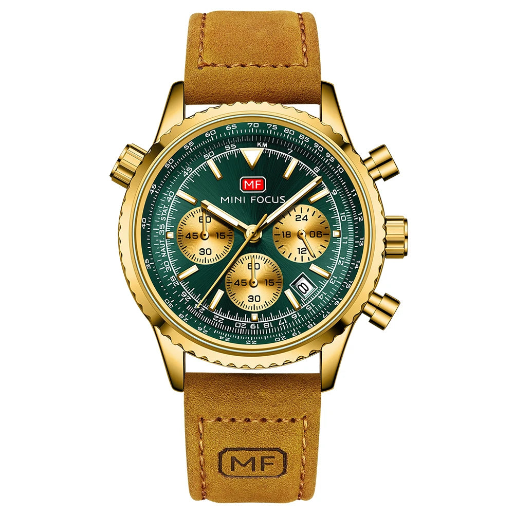 MINIFOCUS Mens Multifunction Quartz Watch Aviation Chronograph Genuine Leather Strap Water Resistant Luminous Fashion Casual