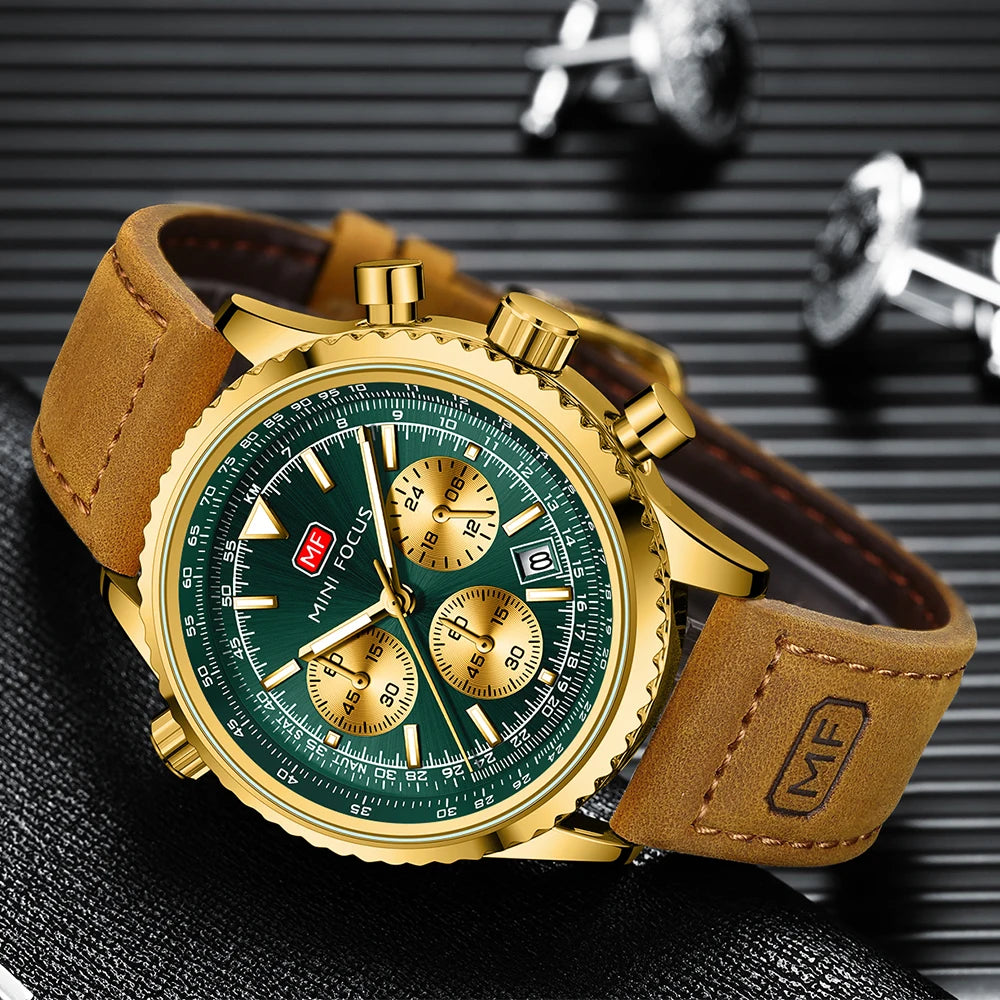 MINIFOCUS Mens Multifunction Quartz Watch Aviation Chronograph Genuine Leather Strap Water Resistant Luminous Fashion Casual