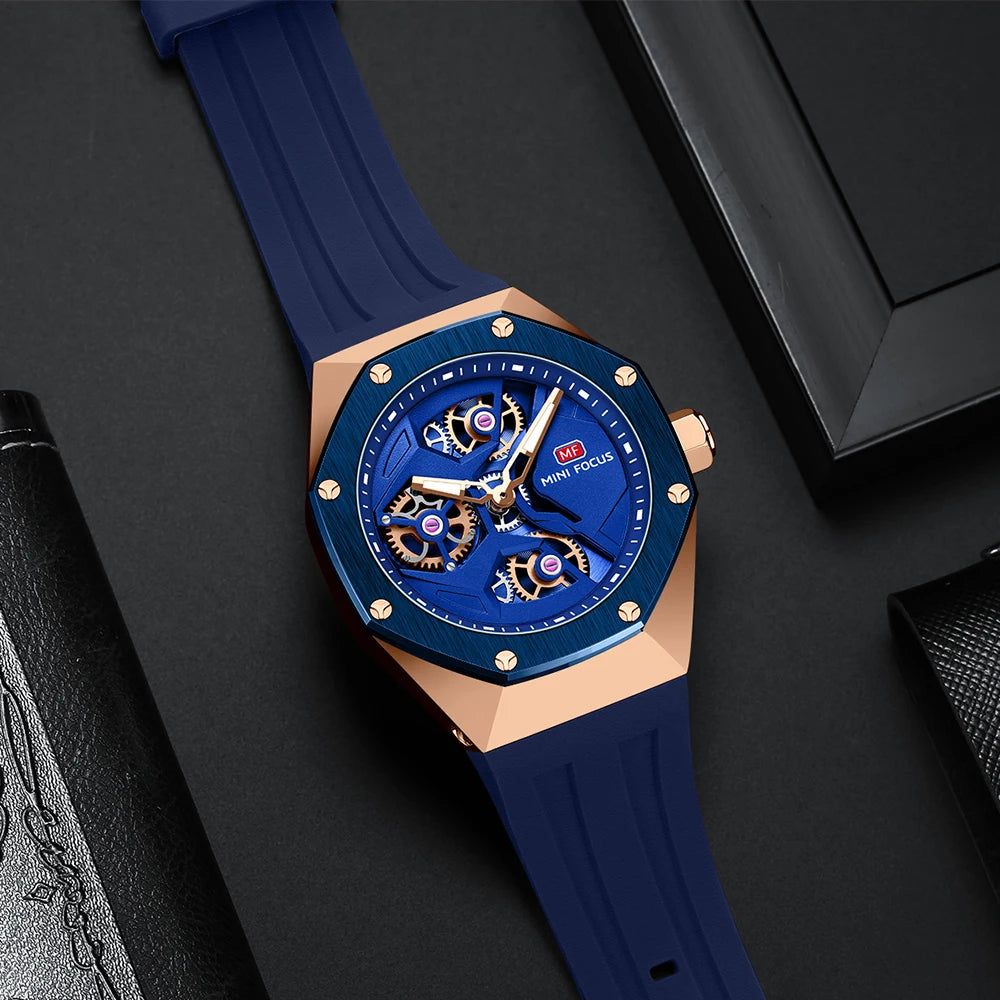 MINIFOCUS Skeleton Sport Men’s Watch Waterproof Japanese Quartz Movement Casual Wristwatch for Business Outdoor Gift for Him