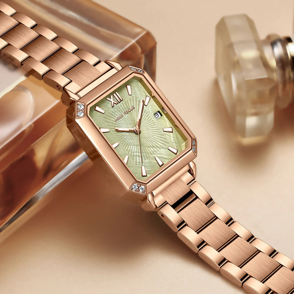 MINIFOCUS Women's Luxury Mini Square Watch Mother-of-Pearl Dial Luminous Stainless Steel Band Fashion Watch Gift for Women