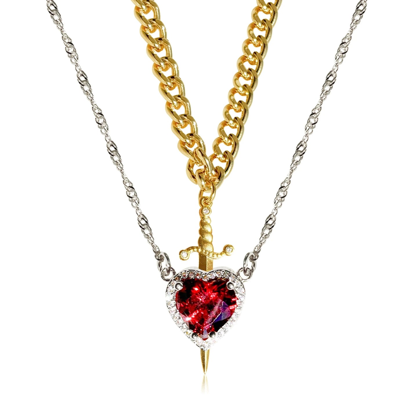 2PC Gothic Punk One Arrow Through The Heart Creative Two Color Couple Necklace Red Rhinestone Heart Dagger Necklace Friend Gift
