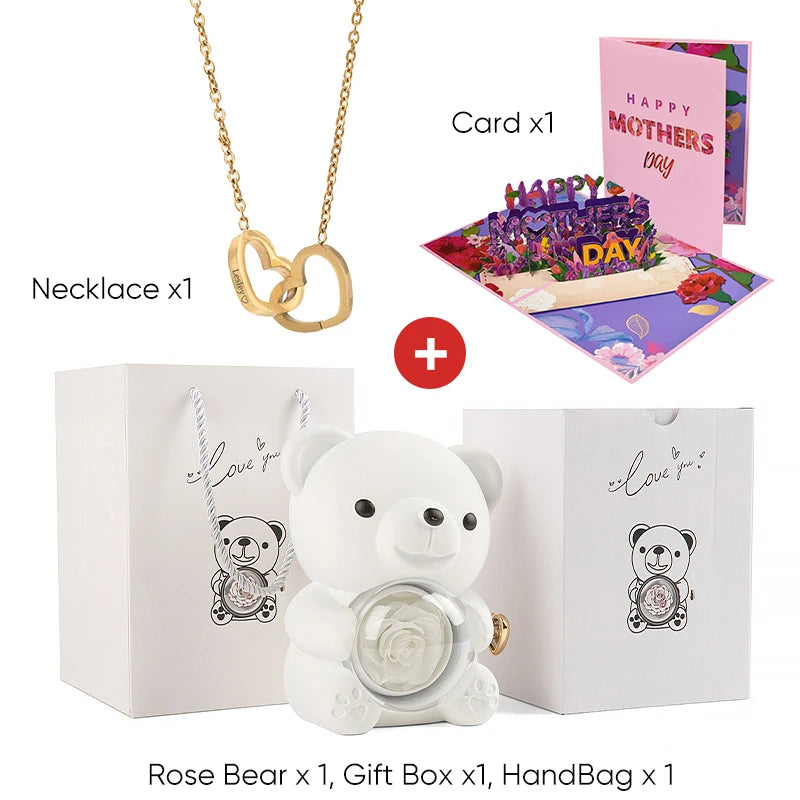 2025 New Beautiful 3D Mother's Day Card Roses Teddy Bear and Necklace Best Personalized Unique Mother’s Day Gifts for Mom