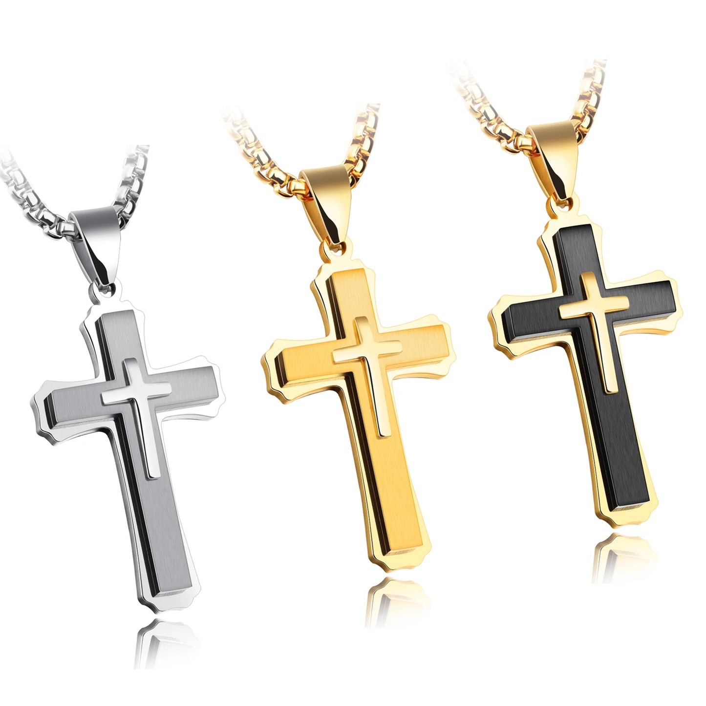 Men’s Triple Layer Cross Necklace – Vintage Titanium Steel Chain with Bold Gothic Style, Gift for Husband, Dad or Boyfriend