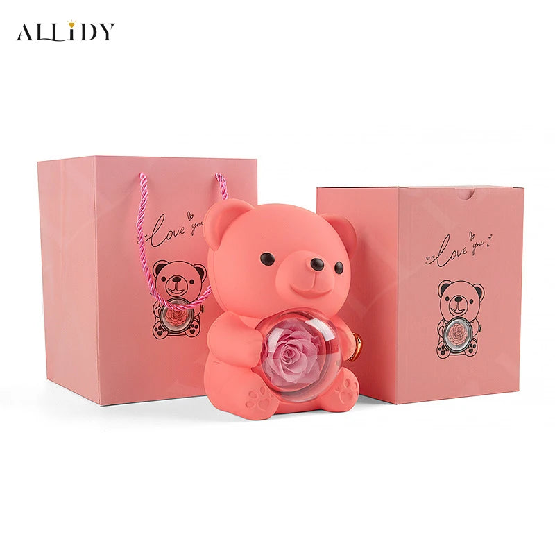 Real Preserved Eternal Rose Teddy/Hugging Bear Jewelry Storage Box Home Decoration Valentine's Day Gift Box