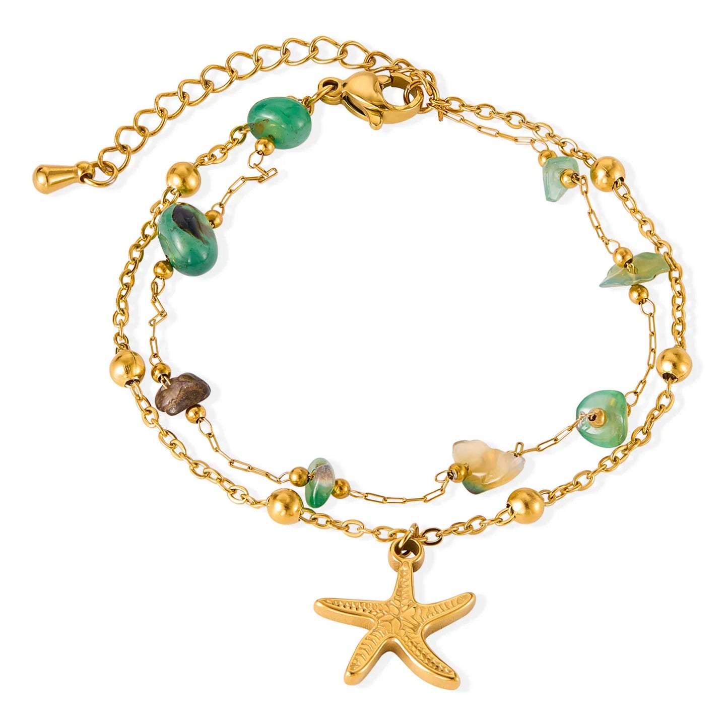 Boho Starfish Natural Stone Double Layer Bracelet for Women – Stainless Steel Minimalist Titanium Chain Jewelry