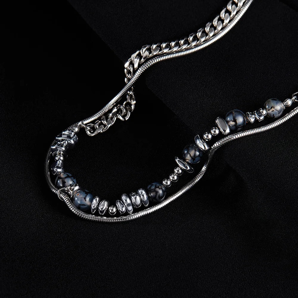 Men’s Minimalist Double Layer Necklace – Black Agate & Stainless Steel Cuban Chain with Natural Stone Detail