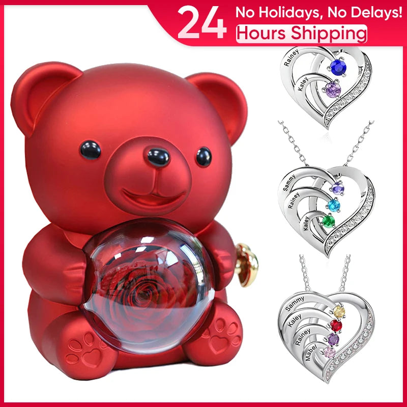 Fashion Personality Custom Engraved Name Heart Necklace and Eternal Rose Teddy Bear Jewelry Gift Box Christmas Valentine Women