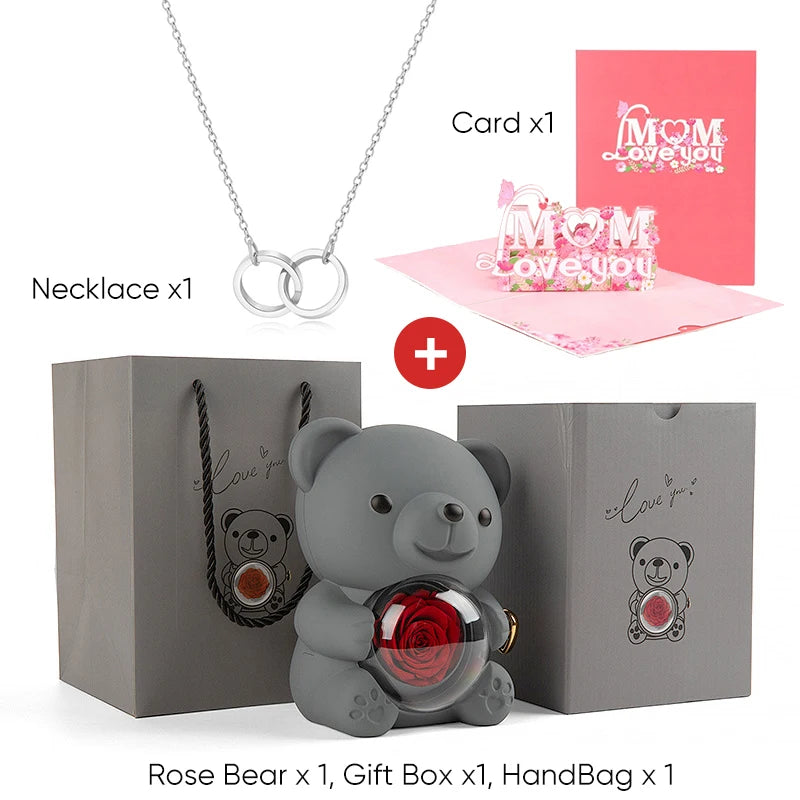 Mother's Day Gift Set Personalized Custom Necklace & Eternal Rose Teddy Bear and Beautiful Card Unique Jewelry Gift for Mom