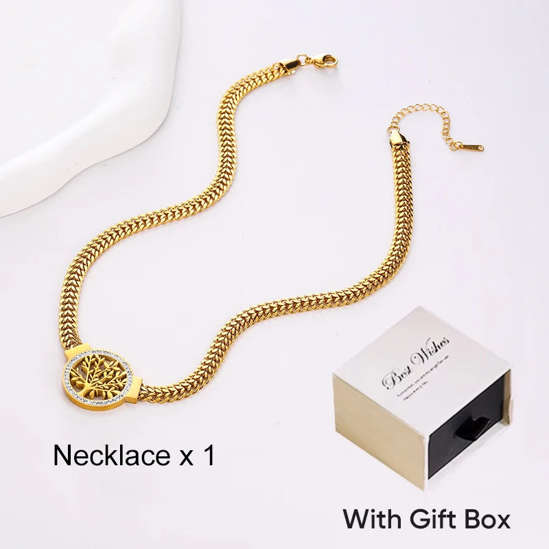 Vintage Fashion Life Tree Pendant Necklace Hollow Zircon Stainless Steel Necklace Bracelet Earrings Jewelry Set Women's