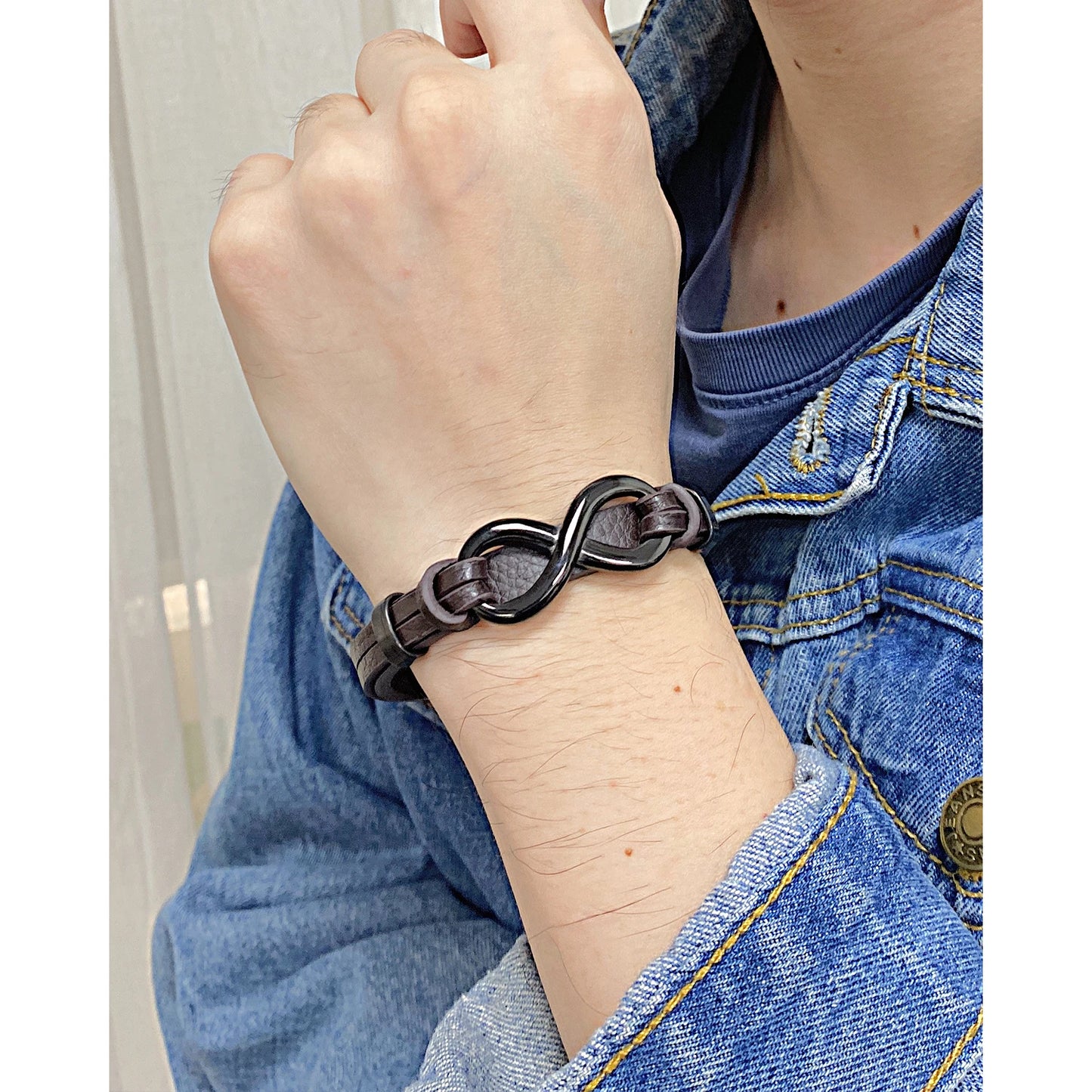 Men’s Infinity Symbol Leather Bracelet – Adjustable Stainless Steel Wristband, European Street Style