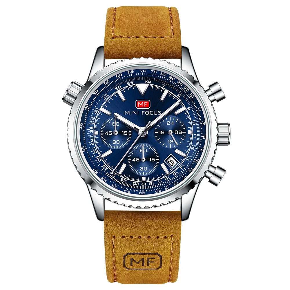 MINIFOCUS Mens Multifunction Quartz Watch Aviation Chronograph Genuine Leather Strap Water Resistant Luminous Fashion Casual