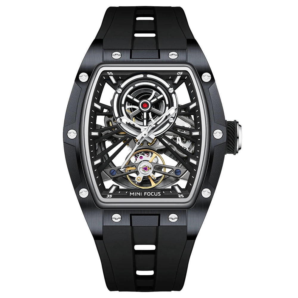 MINIFOCUS Men's Bestseller Barrel Automatic Mechanical Watch Full Skeleton Stainless Steel Case Trendy Fathers Day Gift for Him