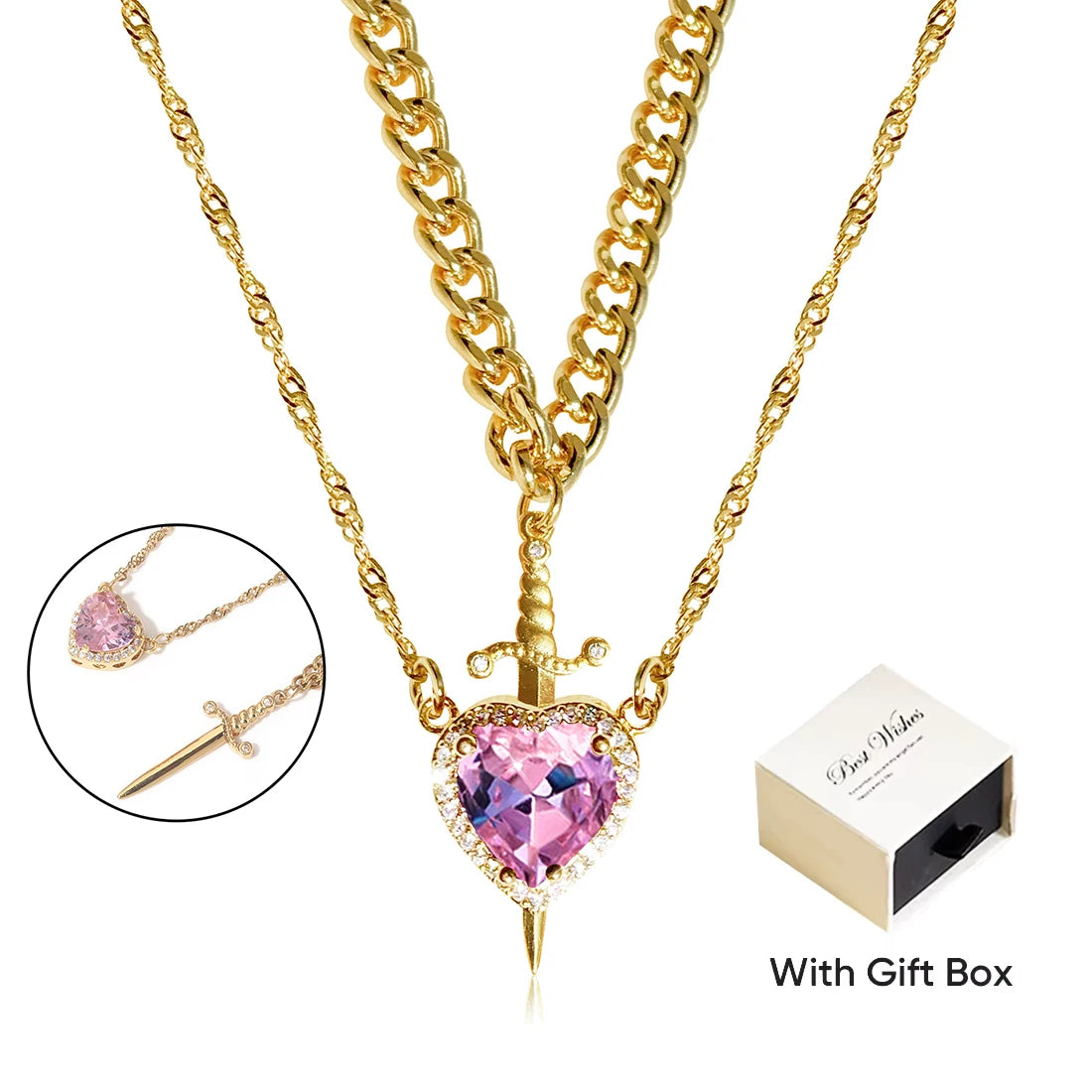 Heart and Sword Zircon Crystal Necklace 2pcs Women New Fashion Double Chain Pendant Female Mother's Day Gifts for Mom/Women
