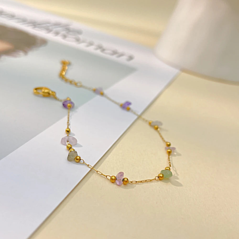 Boho Colorful Natural Stone Bracelet for Women – Luxury Gold-Plated Titanium Chain Ethnic Style Jewelry