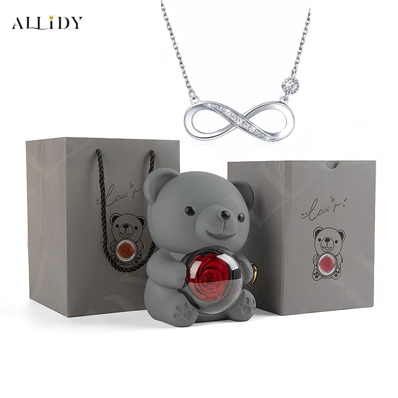 2025 Mother's Day Gifts Idea 8-Character Infinite Love Necklace Real Rose Teddy Bear Jewelry Storage Gift Box for Wife Mom Women