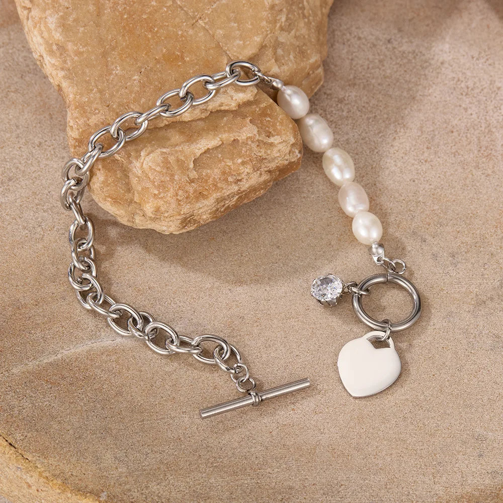 Elegant Women's Stainless Steel Bracelet with Freshwater Pearls and Heart Zircon – INS Style Titanium Jewelry