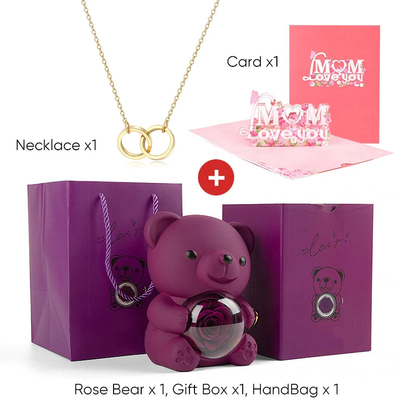Mother's Day Gift Set Personalized Custom Necklace & Eternal Rose Teddy Bear and Beautiful Card Unique Jewelry Gift for Mom