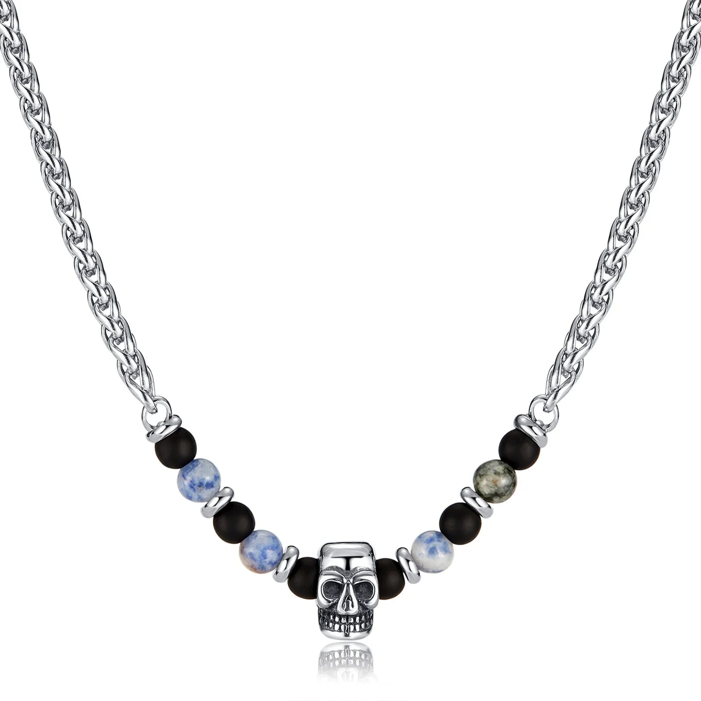 Men’s Skull Pendant Necklace – Stainless Steel Blue Dot Stone & Matte Beads Gothic Punk Jewelry