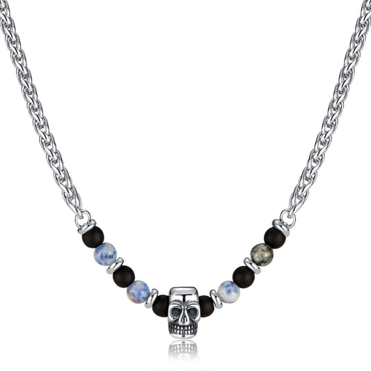Men’s Skull Pendant Necklace – Stainless Steel Blue Dot Stone & Matte Beads Gothic Punk Jewelry