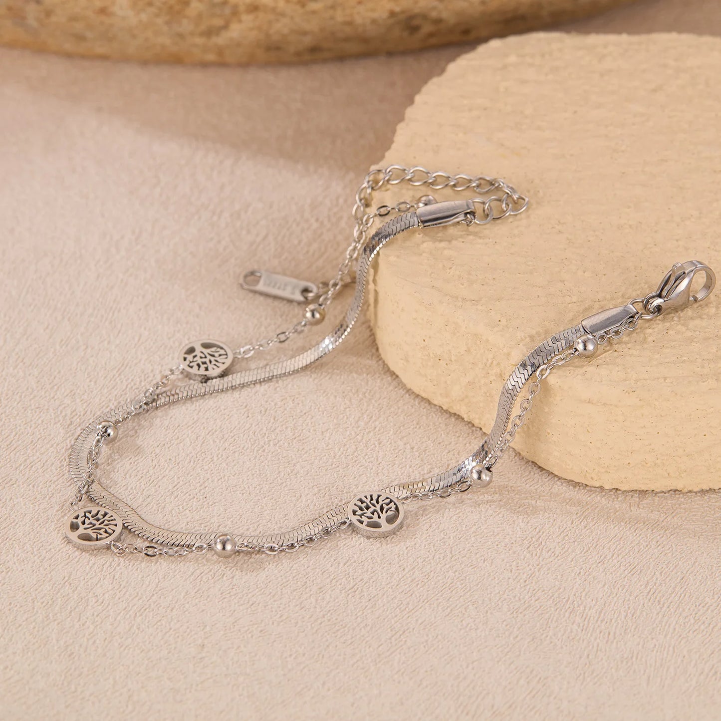 Vintage Double-Layer Tree of Life Bracelet for Women – Stainless Steel Snake Chain Layered Wrist Jewelry