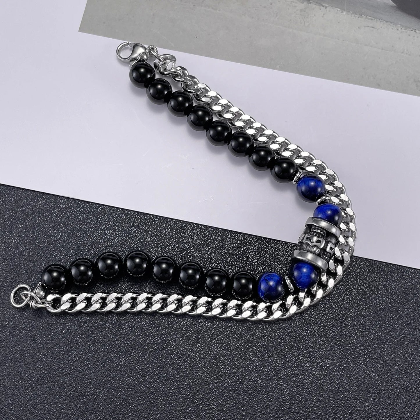Men’s Double-Layer Cuban Chain Bracelet – Black Agate & Tiger Eye Beads, Stainless Steel Fashion Jewelry