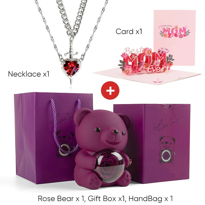 Mother's Day 3D Card Red Zircon Heart and Sword Necklace Double Necklace Real Rose Hug Bear Mothers Day Jewelry Gift Set for Mom