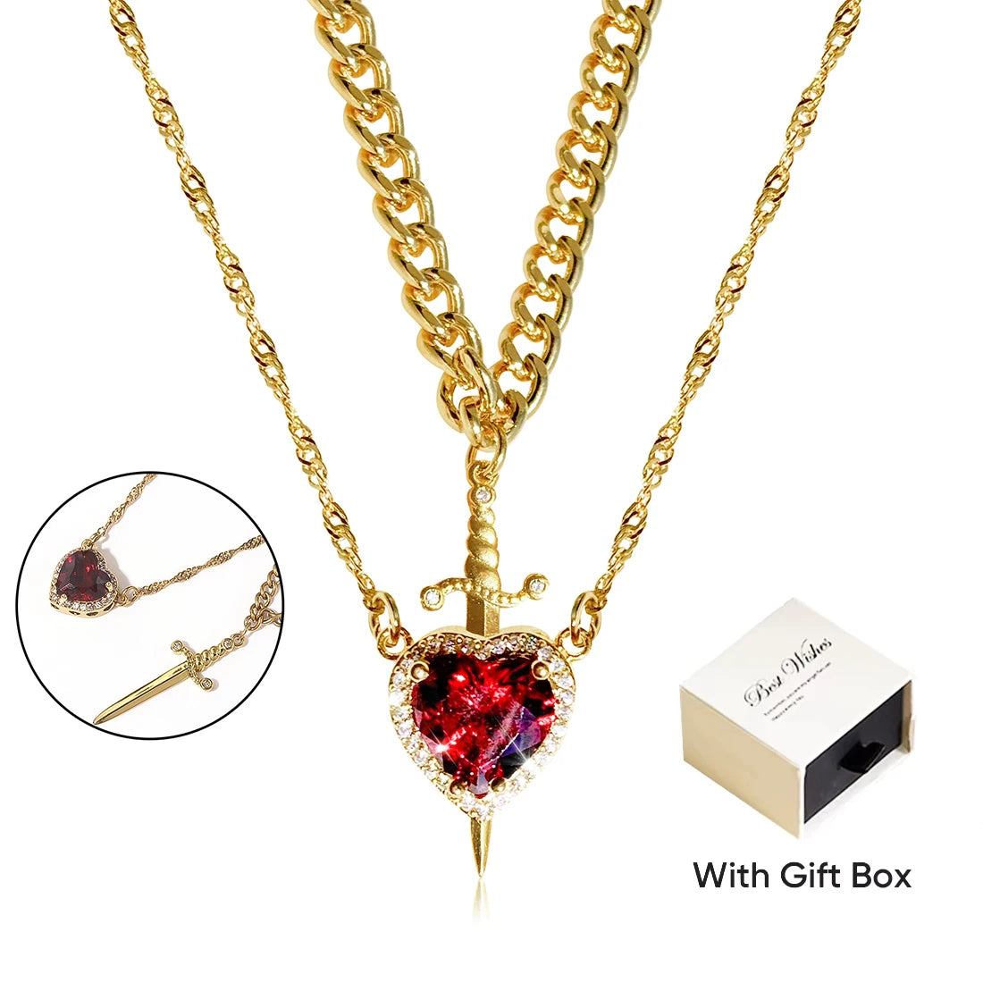 Heart and Sword Zircon Crystal Necklace 2pcs Women New Fashion Double Chain Pendant Female Mother's Day Gifts for Mom/Women