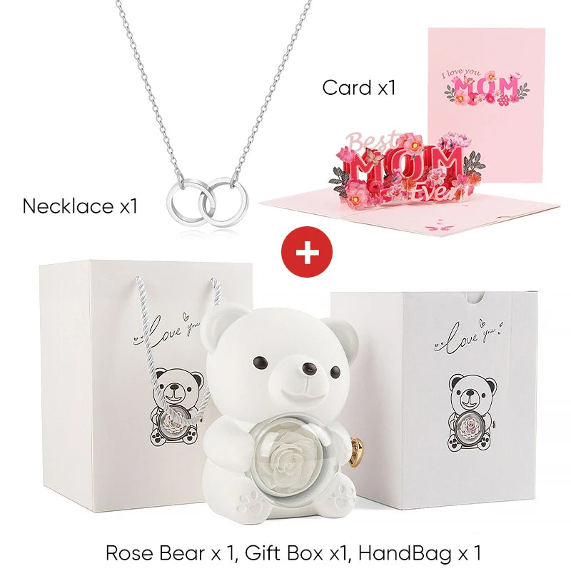 Mother's Day Gift Set Personalized Custom Necklace & Eternal Rose Teddy Bear and Beautiful Card Unique Jewelry Gift for Mom