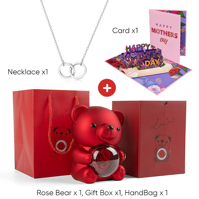 Mother's Day Gift Set Personalized Custom Necklace & Eternal Rose Teddy Bear and Beautiful Card Unique Jewelry Gift for Mom